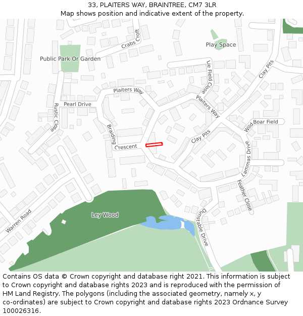 33, PLAITERS WAY, BRAINTREE, CM7 3LR: Location map and indicative extent of plot