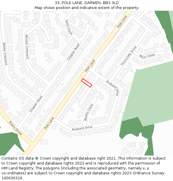 33, POLE LANE, DARWEN, BB3 3LD: Location map and indicative extent of plot