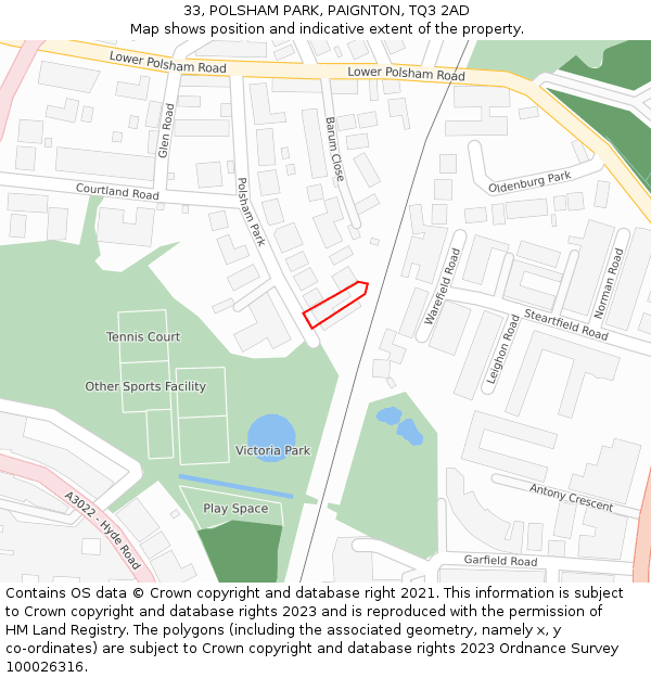 33, POLSHAM PARK, PAIGNTON, TQ3 2AD: Location map and indicative extent of plot