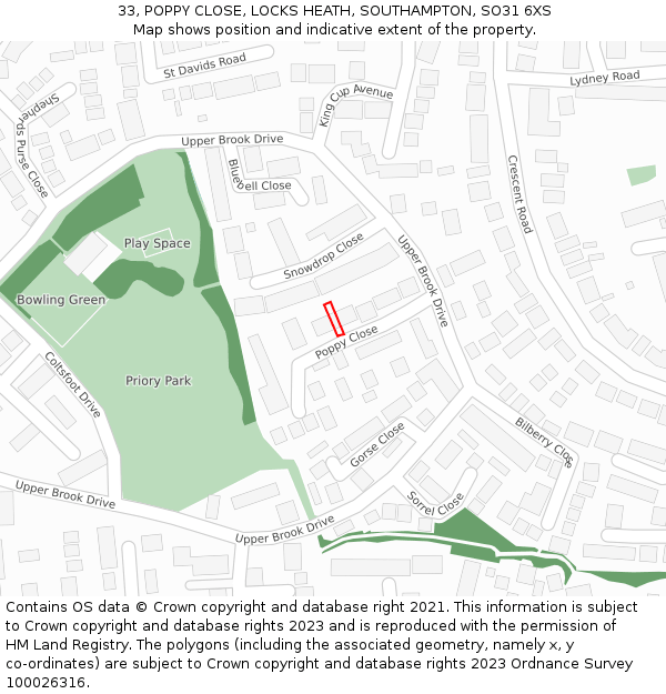 33, POPPY CLOSE, LOCKS HEATH, SOUTHAMPTON, SO31 6XS: Location map and indicative extent of plot