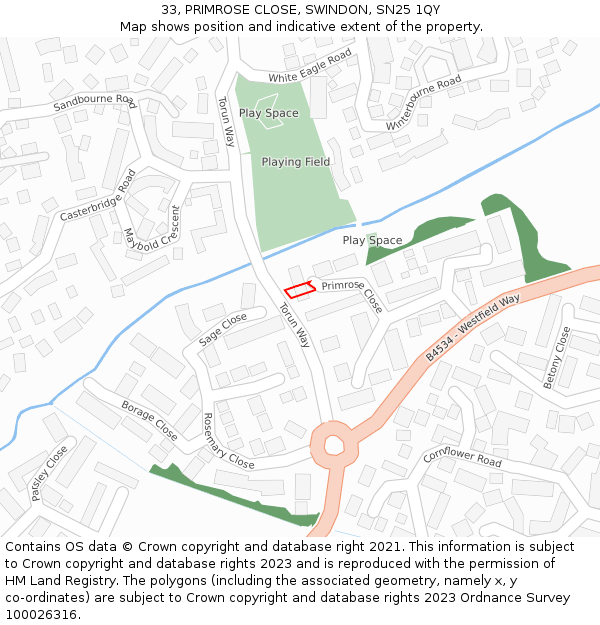 33, PRIMROSE CLOSE, SWINDON, SN25 1QY: Location map and indicative extent of plot