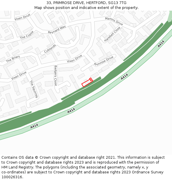 33, PRIMROSE DRIVE, HERTFORD, SG13 7TG: Location map and indicative extent of plot