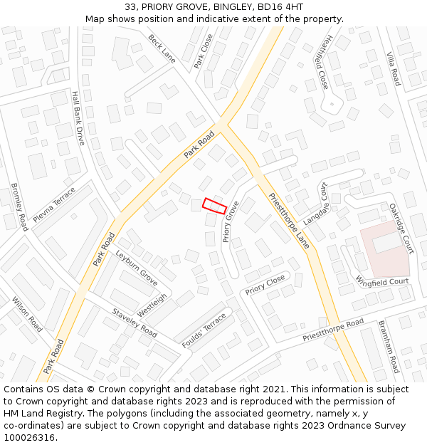 33, PRIORY GROVE, BINGLEY, BD16 4HT: Location map and indicative extent of plot