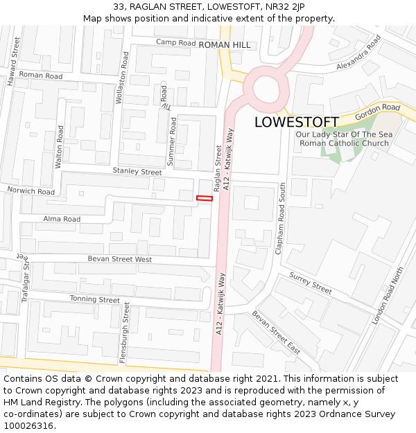 33, RAGLAN STREET, LOWESTOFT, NR32 2JP: Location map and indicative extent of plot