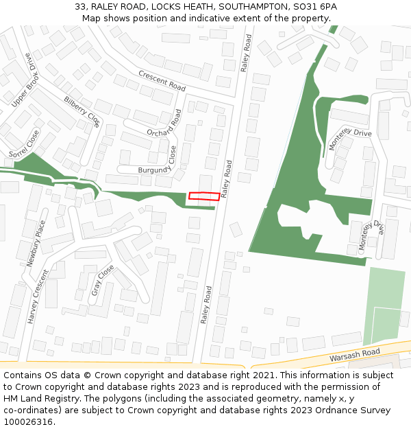 33, RALEY ROAD, LOCKS HEATH, SOUTHAMPTON, SO31 6PA: Location map and indicative extent of plot