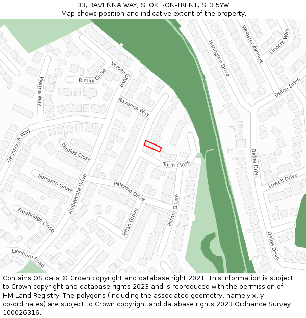 33, RAVENNA WAY, STOKE-ON-TRENT, ST3 5YW: Location map and indicative extent of plot