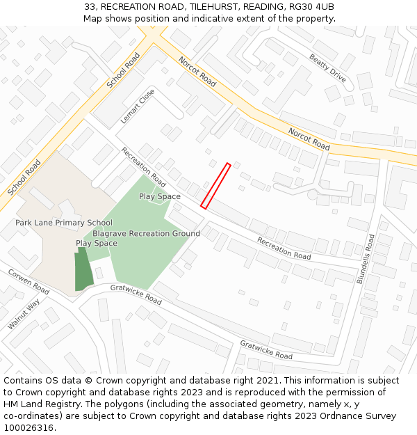 33, RECREATION ROAD, TILEHURST, READING, RG30 4UB: Location map and indicative extent of plot