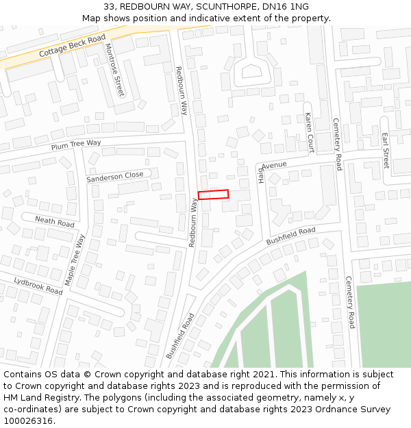 33, REDBOURN WAY, SCUNTHORPE, DN16 1NG: Location map and indicative extent of plot