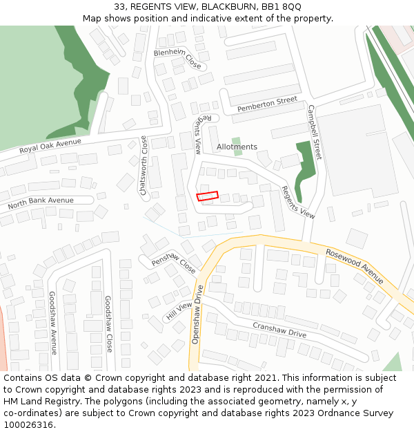 33, REGENTS VIEW, BLACKBURN, BB1 8QQ: Location map and indicative extent of plot