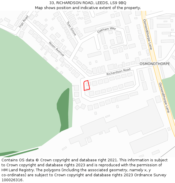 33, RICHARDSON ROAD, LEEDS, LS9 9BQ: Location map and indicative extent of plot