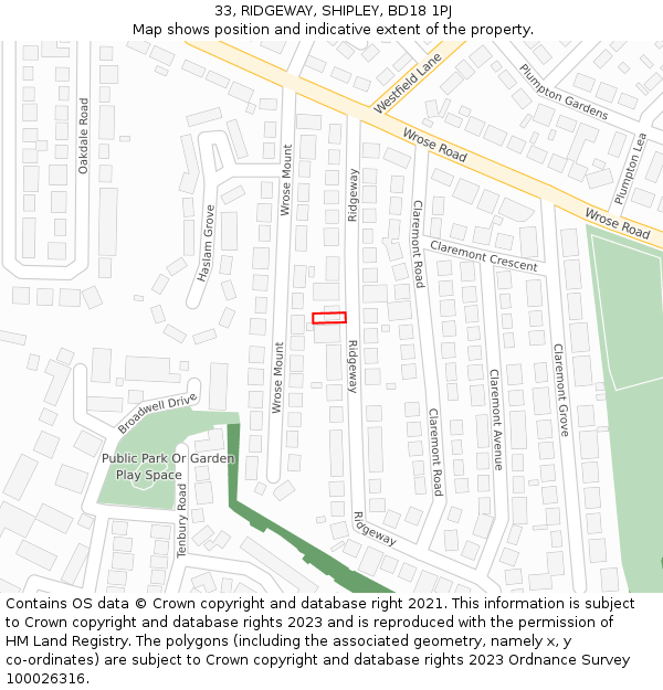 33, RIDGEWAY, SHIPLEY, BD18 1PJ: Location map and indicative extent of plot