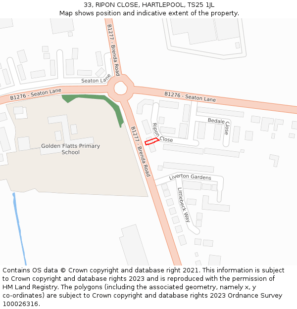 33, RIPON CLOSE, HARTLEPOOL, TS25 1JL: Location map and indicative extent of plot