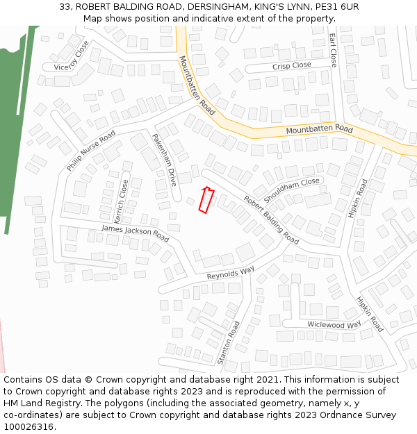 33, ROBERT BALDING ROAD, DERSINGHAM, KING'S LYNN, PE31 6UR: Location map and indicative extent of plot