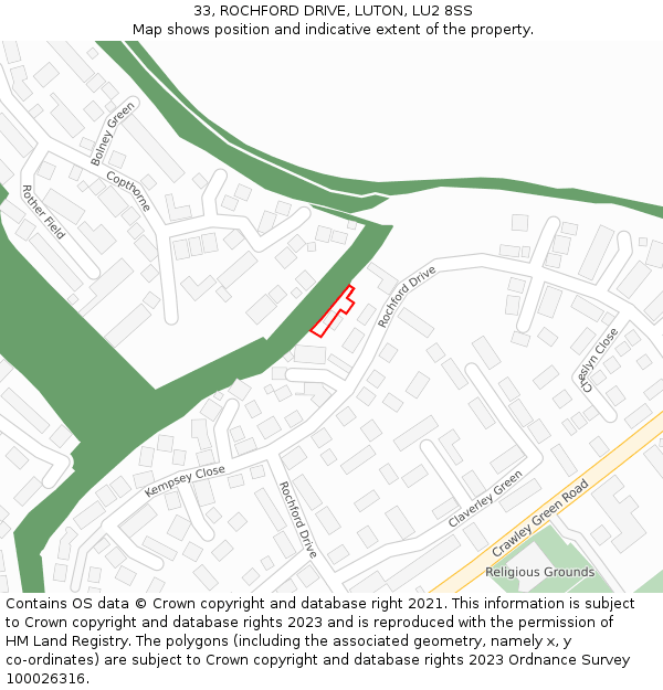 33, ROCHFORD DRIVE, LUTON, LU2 8SS: Location map and indicative extent of plot