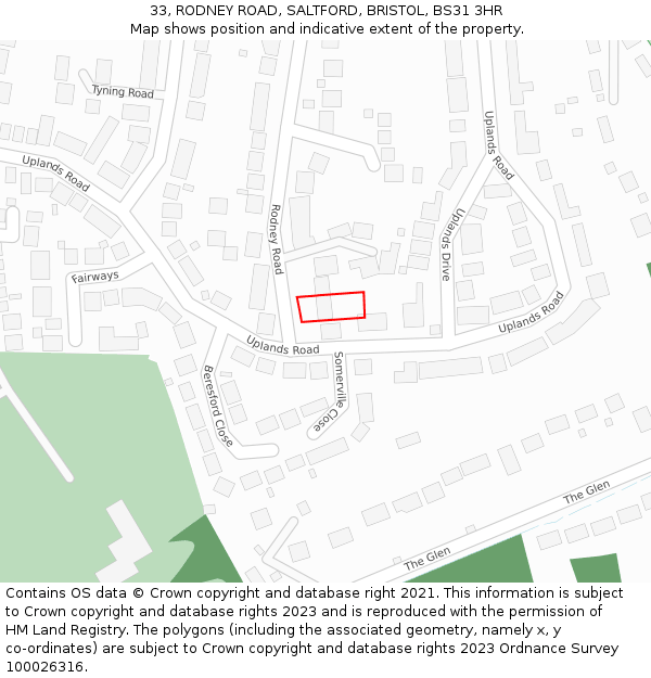 33, RODNEY ROAD, SALTFORD, BRISTOL, BS31 3HR: Location map and indicative extent of plot
