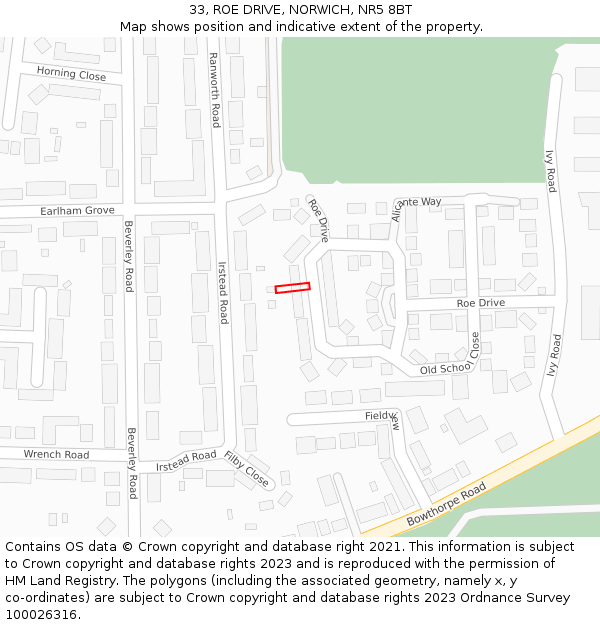 33, ROE DRIVE, NORWICH, NR5 8BT: Location map and indicative extent of plot