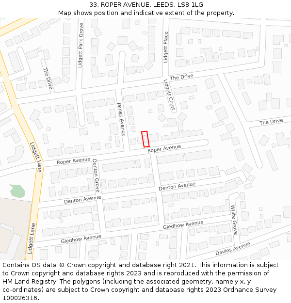 33, ROPER AVENUE, LEEDS, LS8 1LG: Location map and indicative extent of plot