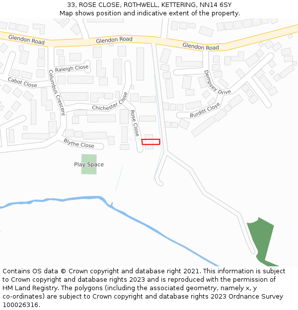 33, ROSE CLOSE, ROTHWELL, KETTERING, NN14 6SY: Location map and indicative extent of plot