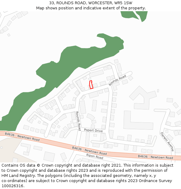 33, ROUNDS ROAD, WORCESTER, WR5 1SW: Location map and indicative extent of plot