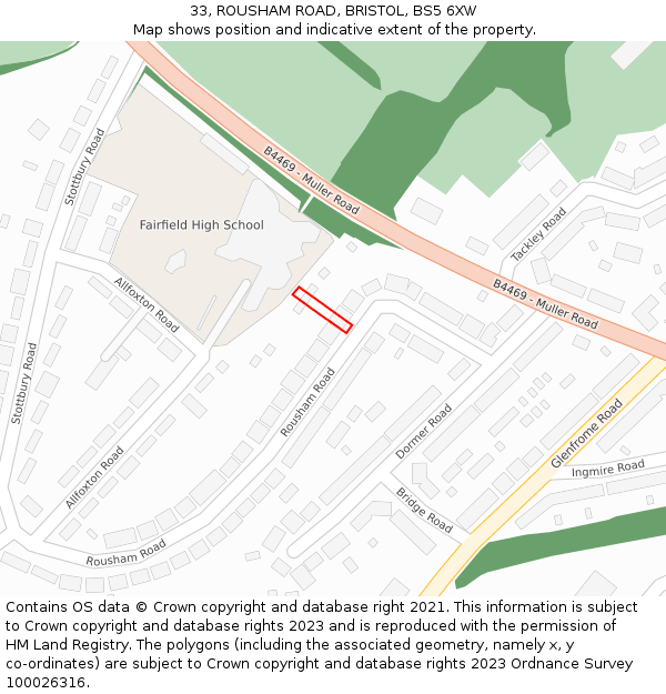 33, ROUSHAM ROAD, BRISTOL, BS5 6XW: Location map and indicative extent of plot