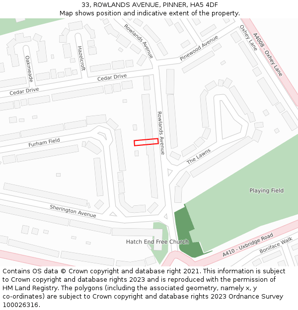 33, ROWLANDS AVENUE, PINNER, HA5 4DF: Location map and indicative extent of plot