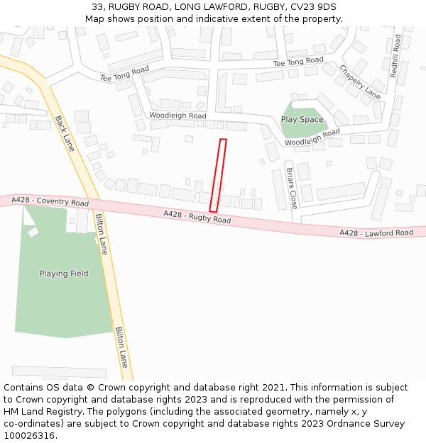 33, RUGBY ROAD, LONG LAWFORD, RUGBY, CV23 9DS: Location map and indicative extent of plot
