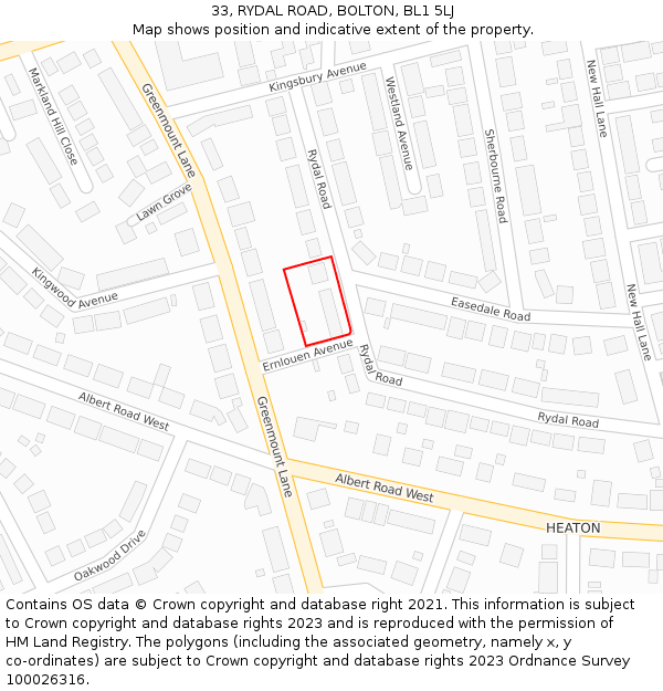 33, RYDAL ROAD, BOLTON, BL1 5LJ: Location map and indicative extent of plot