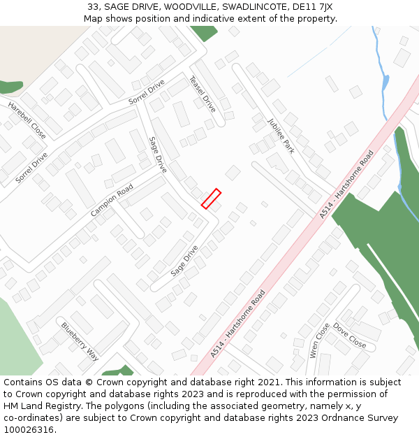 33, SAGE DRIVE, WOODVILLE, SWADLINCOTE, DE11 7JX: Location map and indicative extent of plot