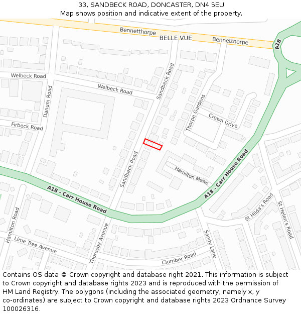 33, SANDBECK ROAD, DONCASTER, DN4 5EU: Location map and indicative extent of plot