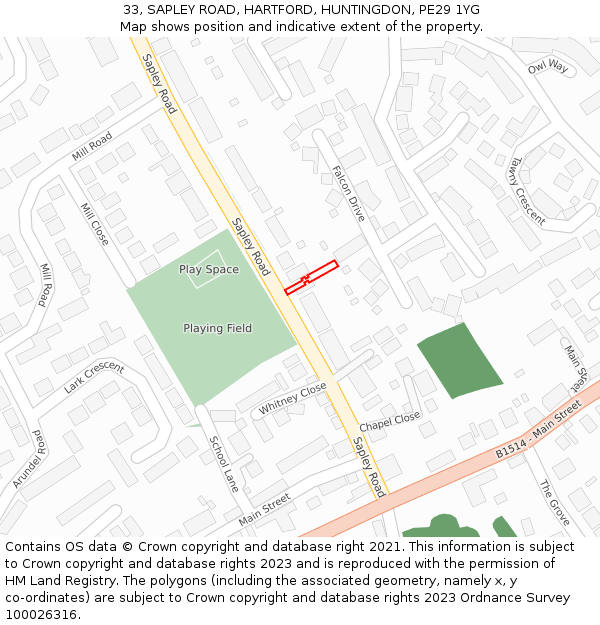 33, SAPLEY ROAD, HARTFORD, HUNTINGDON, PE29 1YG: Location map and indicative extent of plot