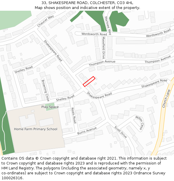 33, SHAKESPEARE ROAD, COLCHESTER, CO3 4HL: Location map and indicative extent of plot