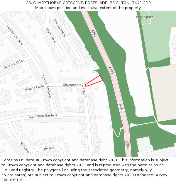 33, SHARPTHORNE CRESCENT, PORTSLADE, BRIGHTON, BN41 2DP: Location map and indicative extent of plot