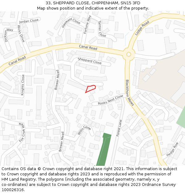 33, SHEPPARD CLOSE, CHIPPENHAM, SN15 3FD: Location map and indicative extent of plot