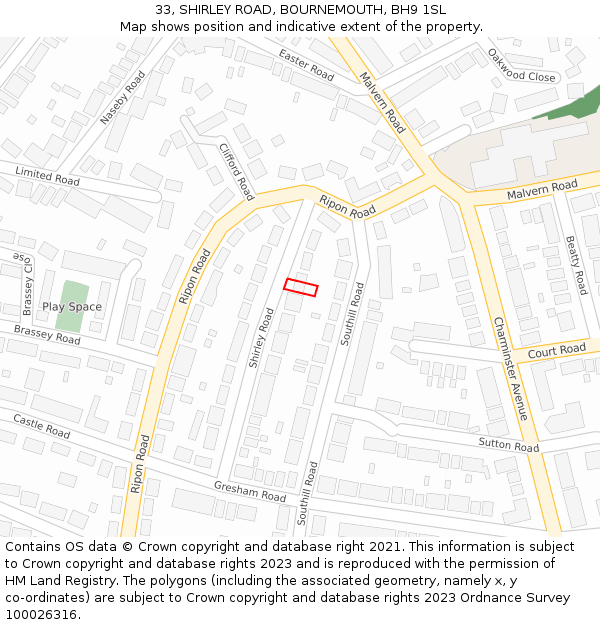 33, SHIRLEY ROAD, BOURNEMOUTH, BH9 1SL: Location map and indicative extent of plot