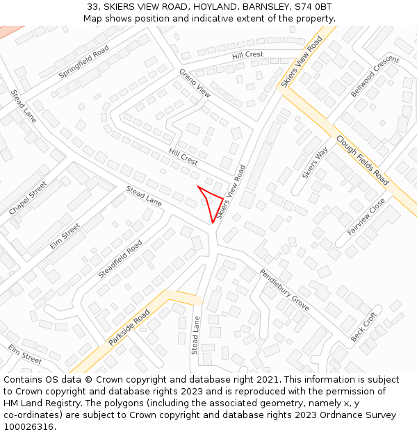 33, SKIERS VIEW ROAD, HOYLAND, BARNSLEY, S74 0BT: Location map and indicative extent of plot
