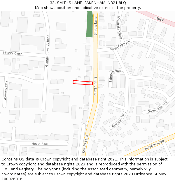 33, SMITHS LANE, FAKENHAM, NR21 8LQ: Location map and indicative extent of plot