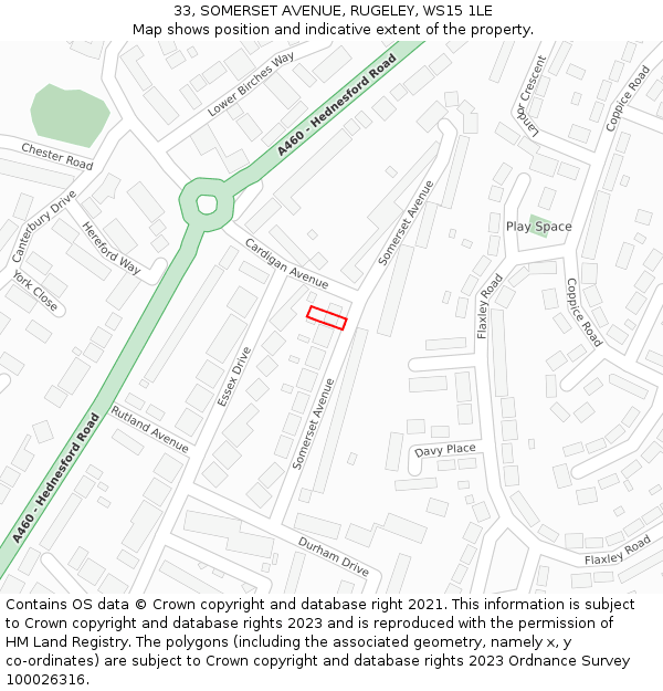 33, SOMERSET AVENUE, RUGELEY, WS15 1LE: Location map and indicative extent of plot