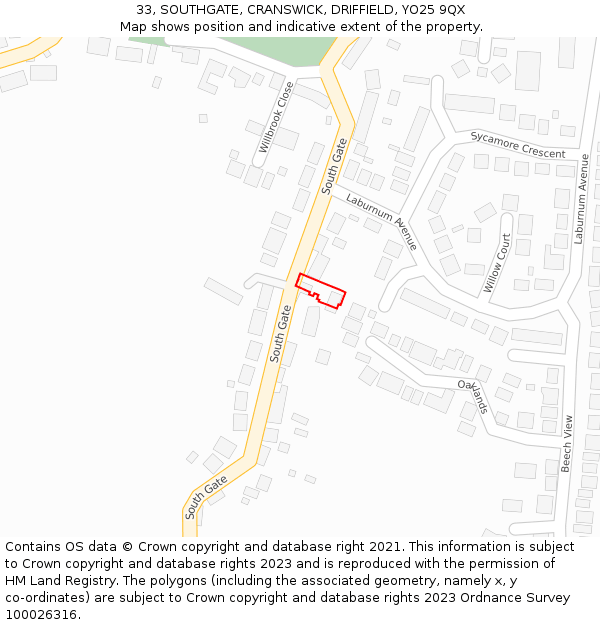 33, SOUTHGATE, CRANSWICK, DRIFFIELD, YO25 9QX: Location map and indicative extent of plot