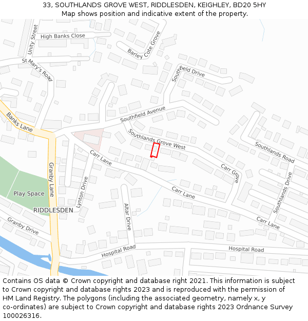 33, SOUTHLANDS GROVE WEST, RIDDLESDEN, KEIGHLEY, BD20 5HY: Location map and indicative extent of plot