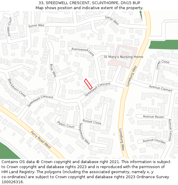 33, SPEEDWELL CRESCENT, SCUNTHORPE, DN15 8UP: Location map and indicative extent of plot