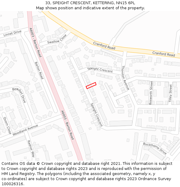 33, SPEIGHT CRESCENT, KETTERING, NN15 6PL: Location map and indicative extent of plot