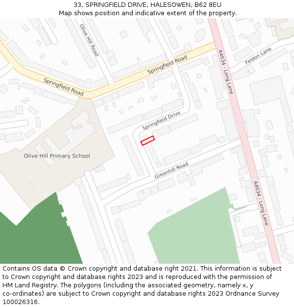 33, SPRINGFIELD DRIVE, HALESOWEN, B62 8EU: Location map and indicative extent of plot