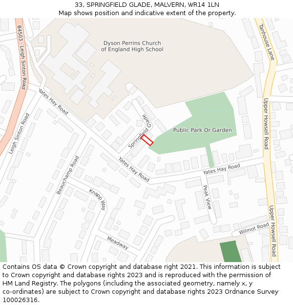 33, SPRINGFIELD GLADE, MALVERN, WR14 1LN: Location map and indicative extent of plot