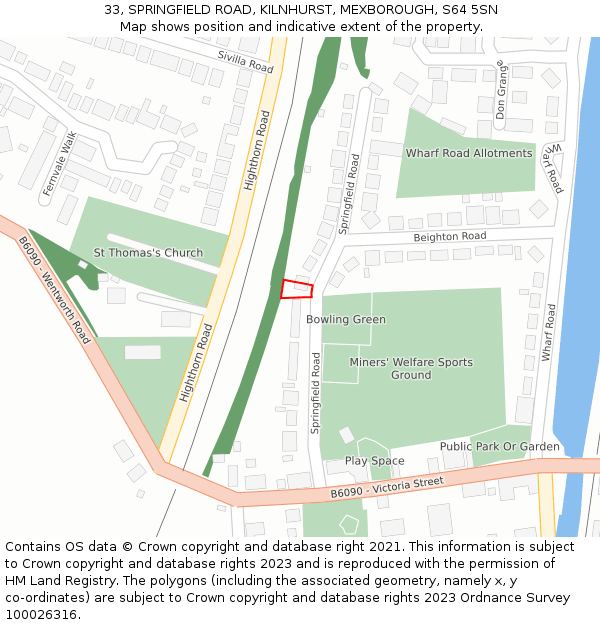 33, SPRINGFIELD ROAD, KILNHURST, MEXBOROUGH, S64 5SN: Location map and indicative extent of plot