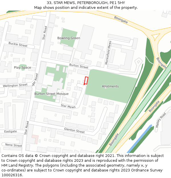 33, STAR MEWS, PETERBOROUGH, PE1 5HY: Location map and indicative extent of plot