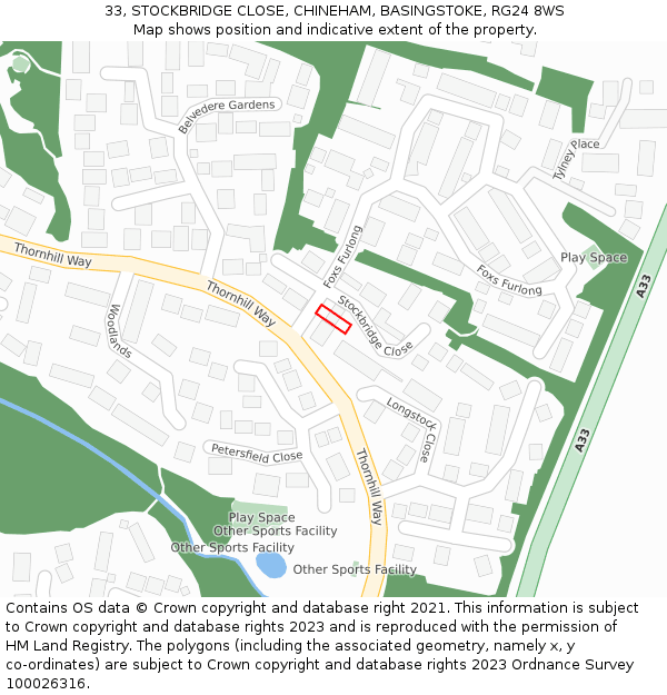 33, STOCKBRIDGE CLOSE, CHINEHAM, BASINGSTOKE, RG24 8WS: Location map and indicative extent of plot