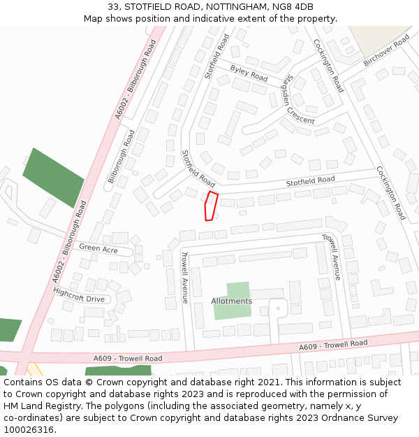 33, STOTFIELD ROAD, NOTTINGHAM, NG8 4DB: Location map and indicative extent of plot