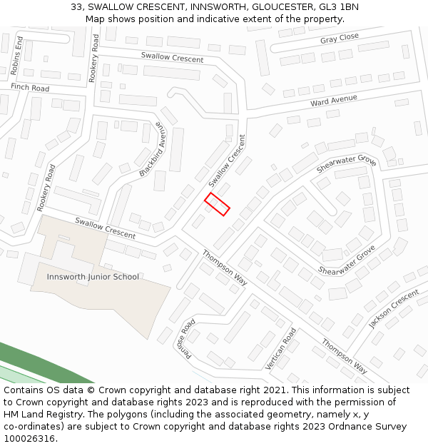 33, SWALLOW CRESCENT, INNSWORTH, GLOUCESTER, GL3 1BN: Location map and indicative extent of plot
