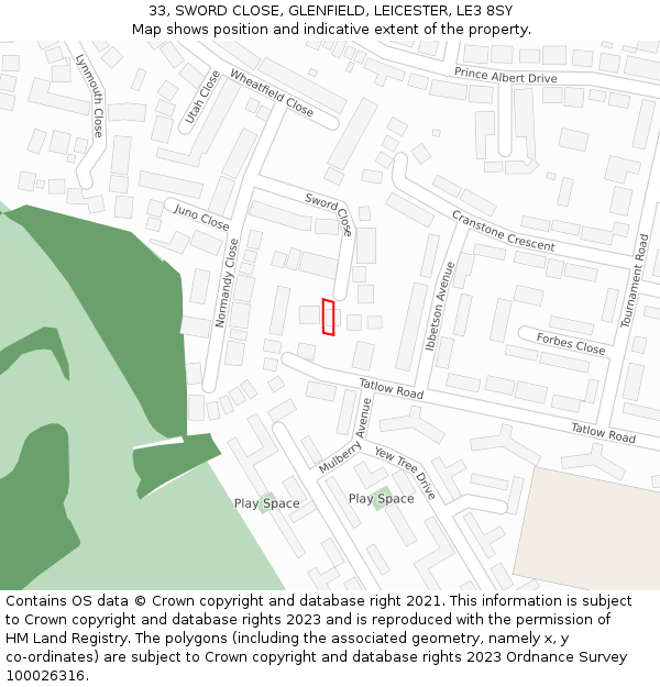 33, SWORD CLOSE, GLENFIELD, LEICESTER, LE3 8SY: Location map and indicative extent of plot