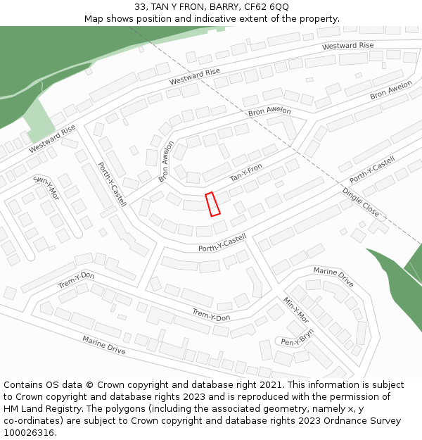 33, TAN Y FRON, BARRY, CF62 6QQ: Location map and indicative extent of plot